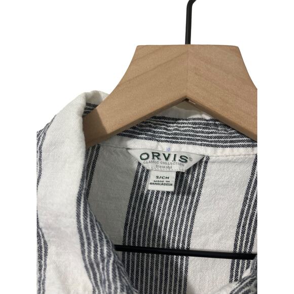 Orvis Womens Linen Blend Long Sleeve Button Down Roll Tab Black White Small - Picture 2 of 8
